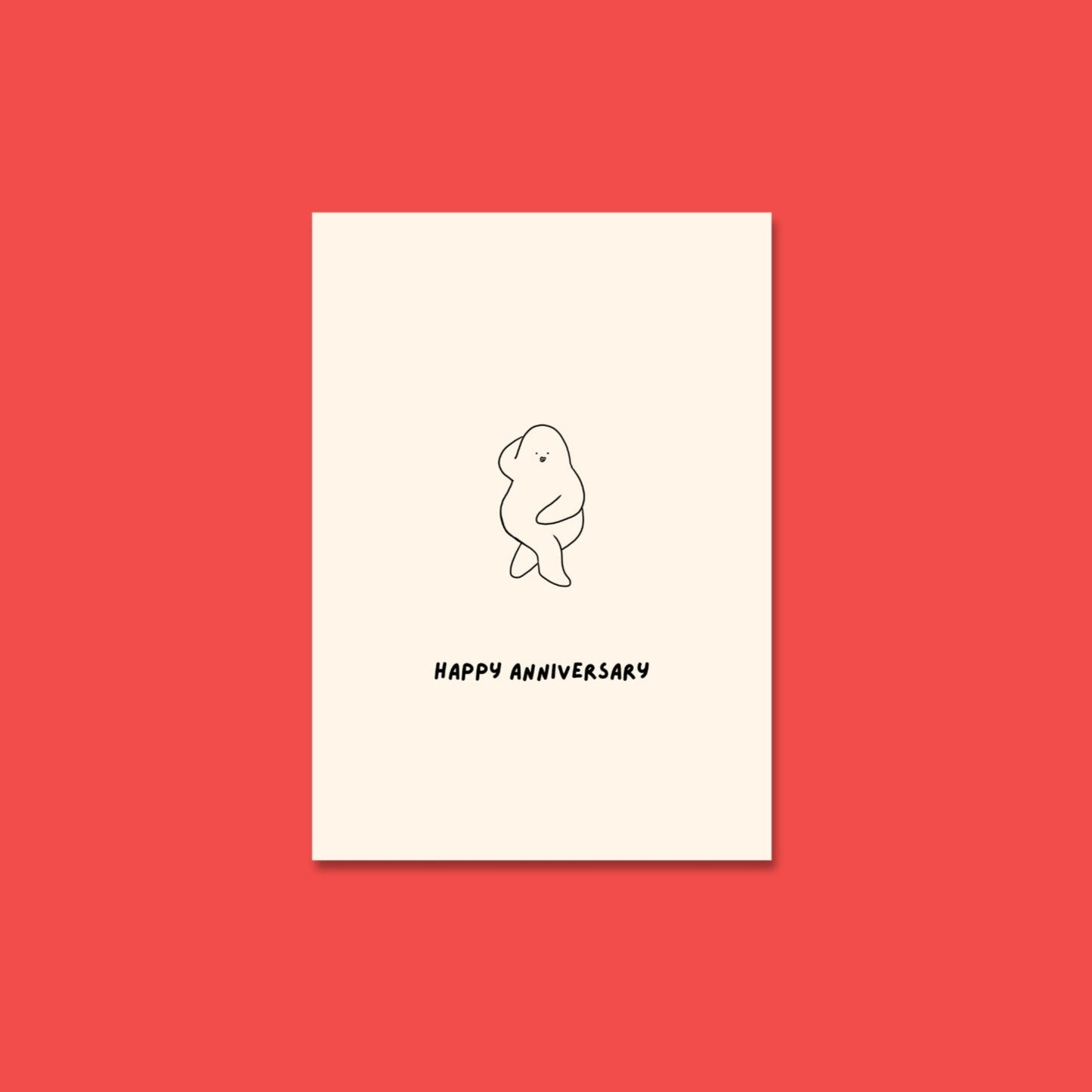 Illustration of a curvy, seductive blob striking a cheeky pose under the words “Happy Anniversary.”