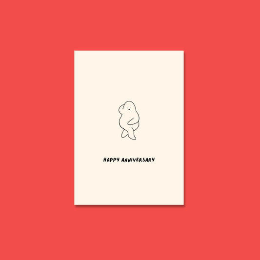 Illustration of a curvy, seductive blob striking a cheeky pose under the words “Happy Anniversary.”