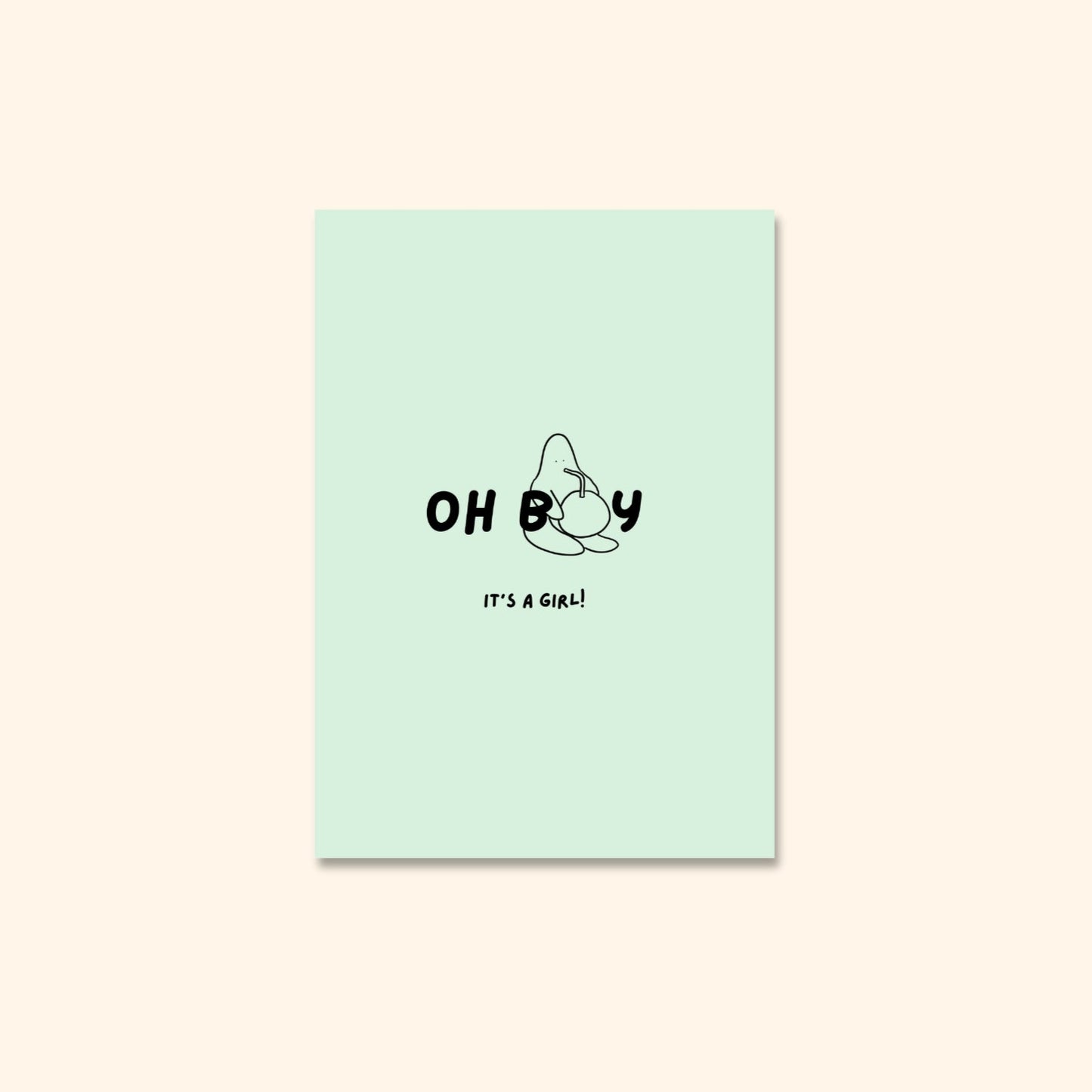 A baby blob drinks out of a massive coconut under the words “Oh boy, it’s a girl!” in playful, bold lettering.