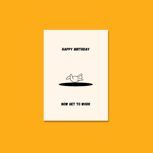  Illustration of Bobby Blob free-falling into darkness with a party hat, beneath the words “Happy Birthday! Now get to work”